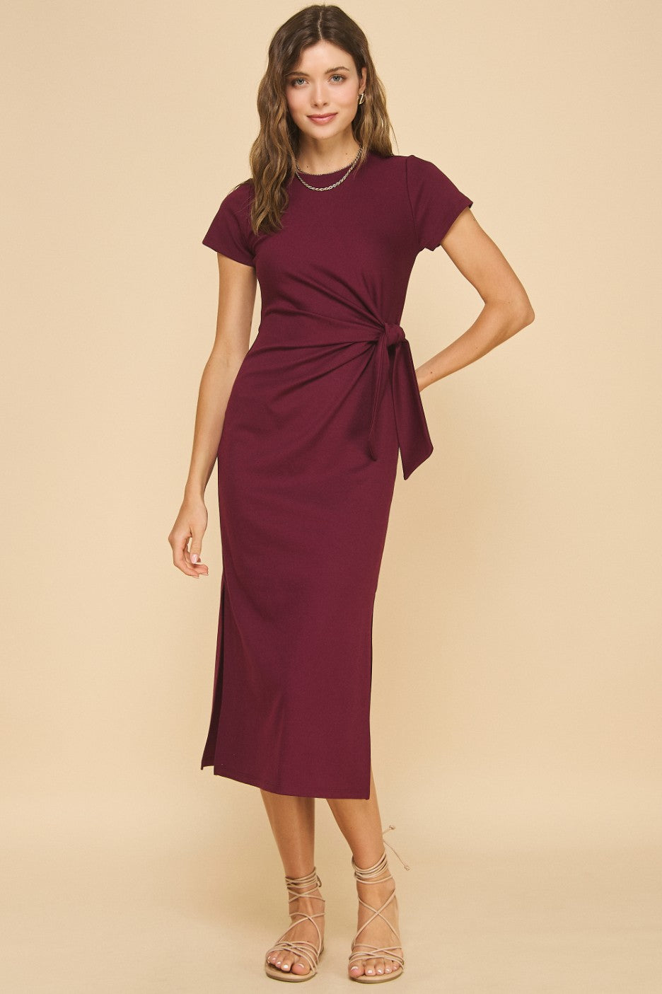 Vestido Midi con Lazo Frontal y Mangas Cortas