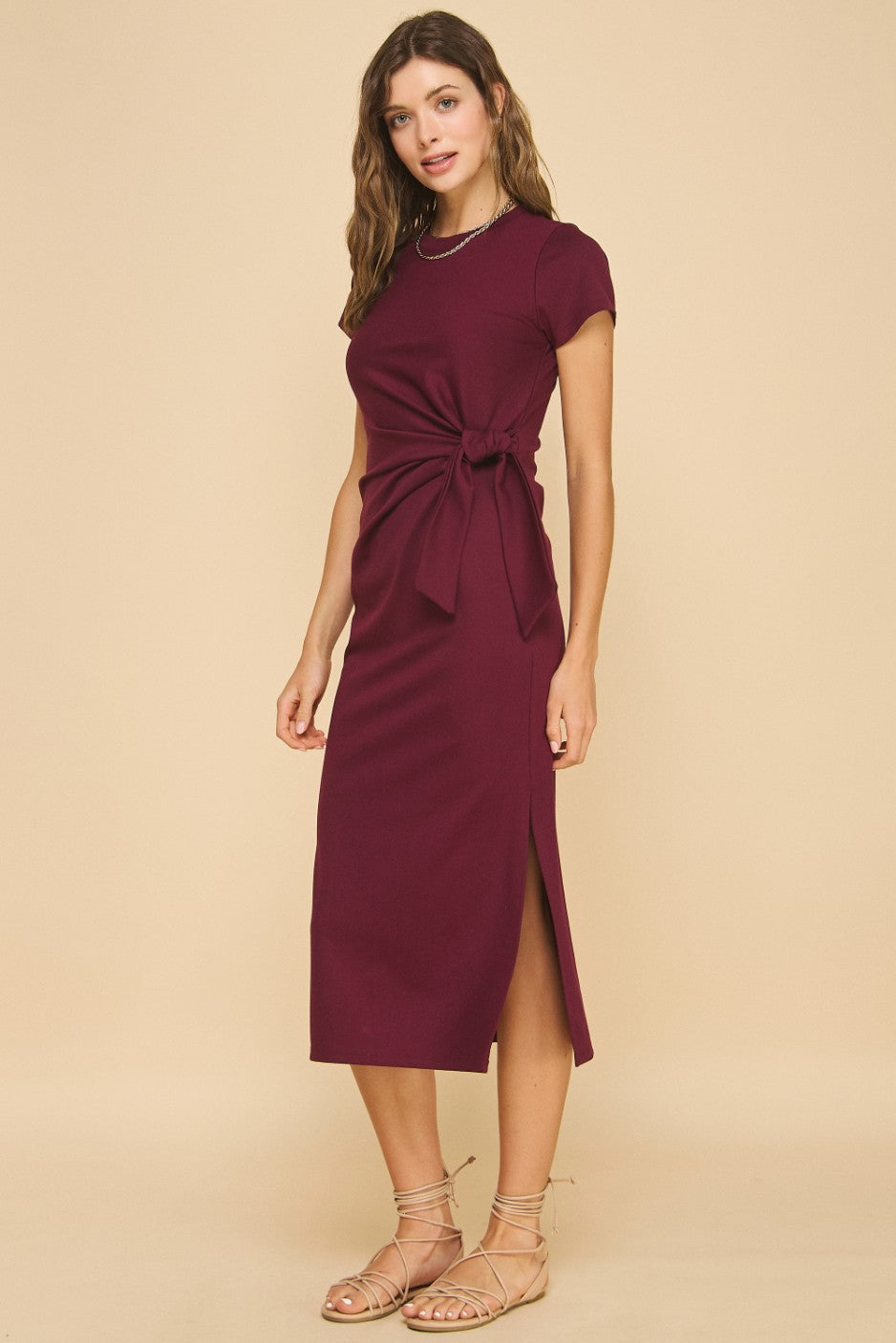 Vestido Midi con Lazo Frontal y Mangas Cortas
