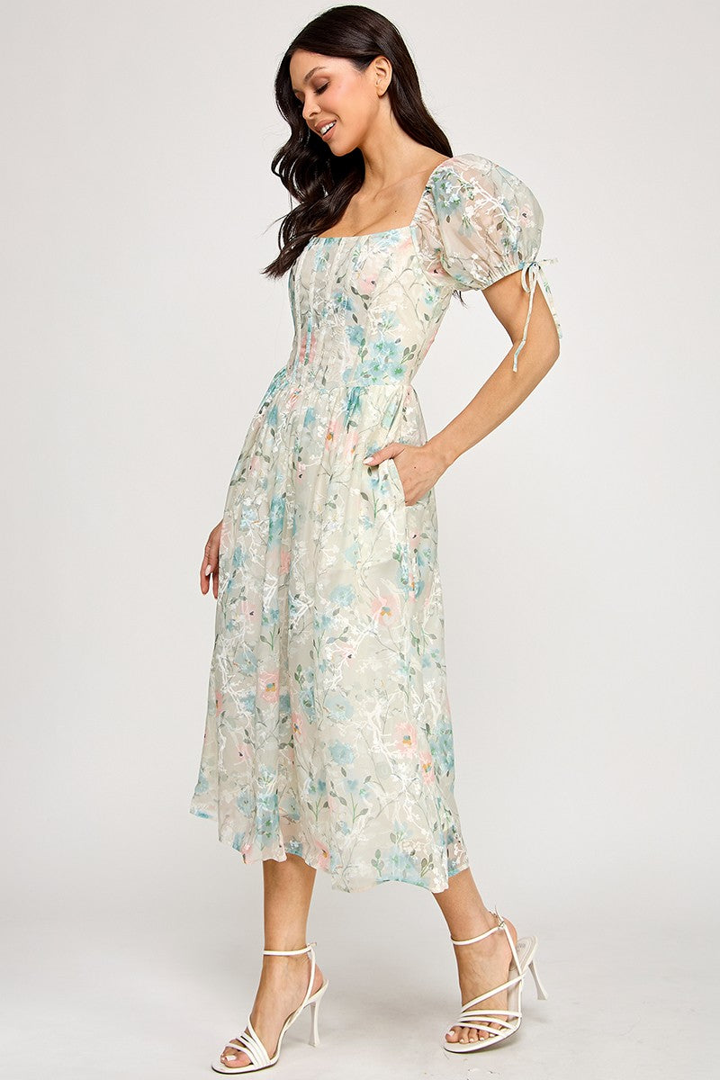 Floral Puff Sleeve Midi Dress With Smocked Back