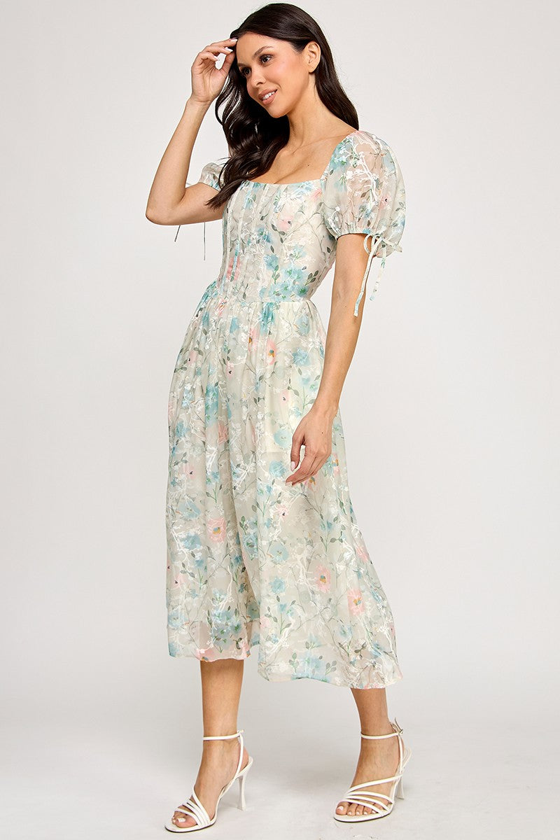 Floral Puff Sleeve Midi Dress With Smocked Back