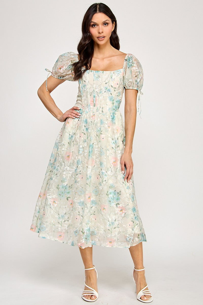 Floral Puff Sleeve Midi Dress With Smocked Back