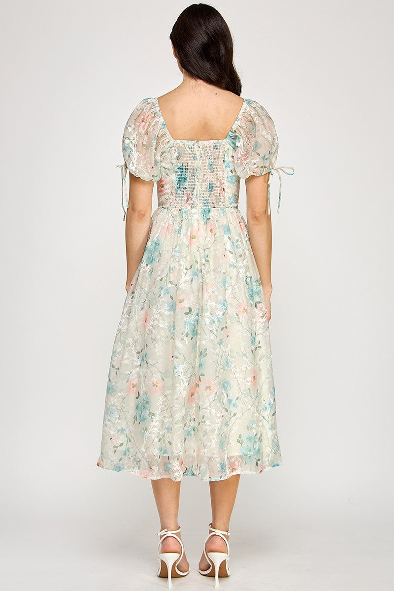 Floral Puff Sleeve Midi Dress With Smocked Back