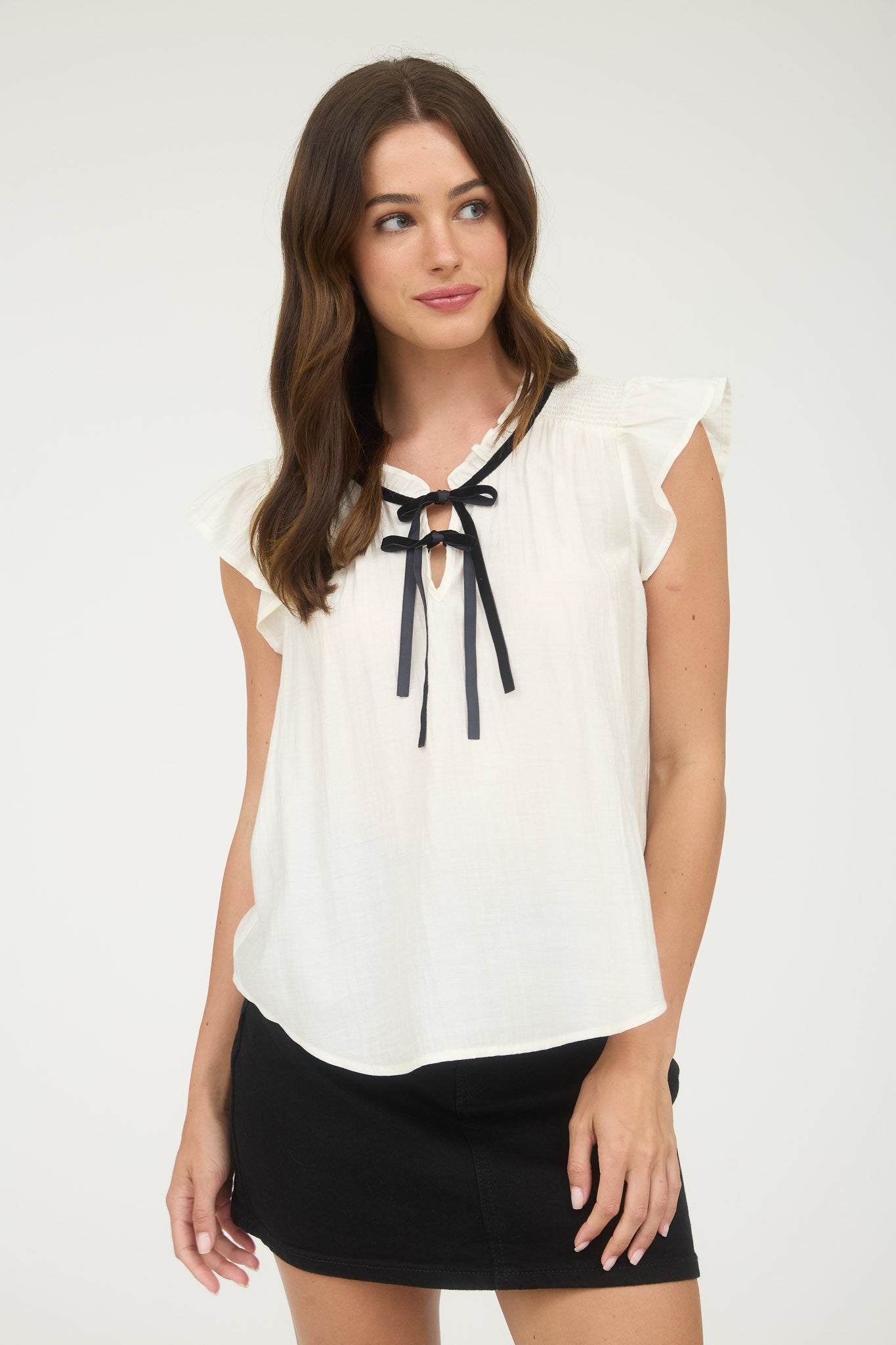 Contrast Front Tie Detail Short Sleeve Blouse