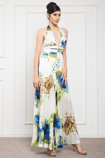 Halter Neck Sleeveless Pleats Bottom Jumpsuit