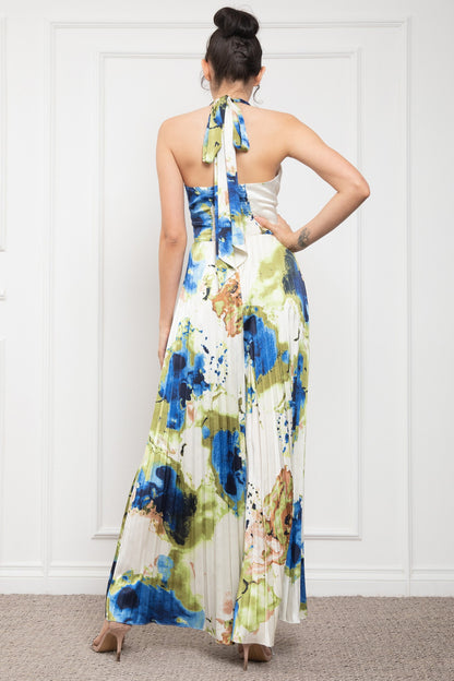 Halter Neck Sleeveless Pleats Bottom Jumpsuit