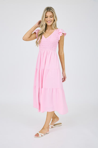 Vestido Midi/Maxi con Mangas Volantes y Cuerpo Fruncido