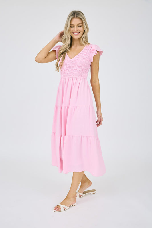 Vestido Midi/Maxi con Mangas Volantes y Cuerpo Fruncido