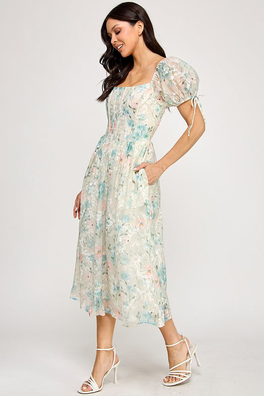 Floral Puff Sleeve Midi Dress With Smocked Back