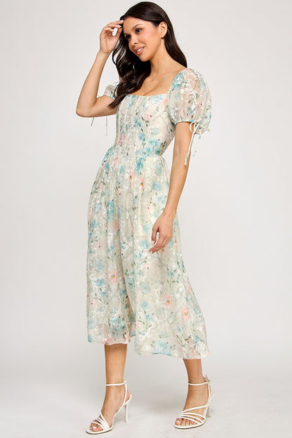Floral Puff Sleeve Midi Dress With Smocked Back