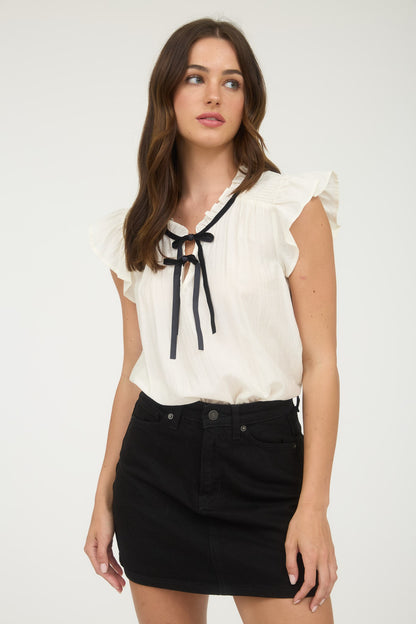 Contrast Front Tie Detail Short Sleeve Blouse