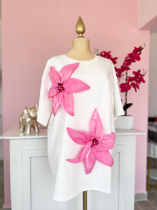 Blusa Oversize con Flores 3D Rosa
