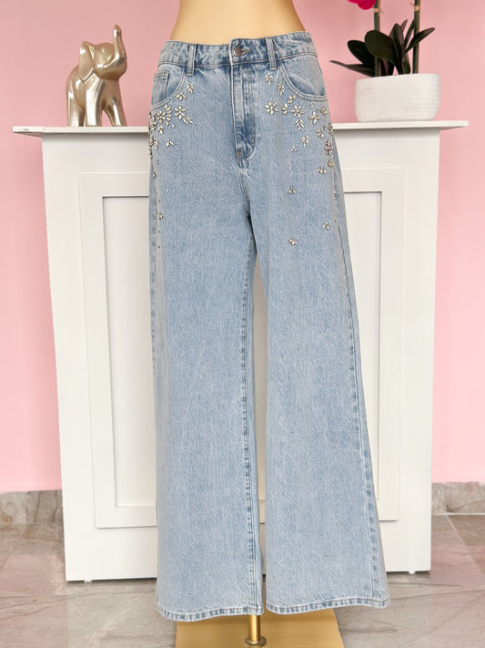 Jeans Wide Leg con Pedrería